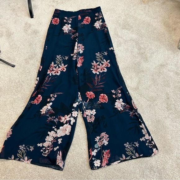 ZARA navy blue pink floral flower chiffon wide leg slit hem pants Sz M - Picture 4 of 14
